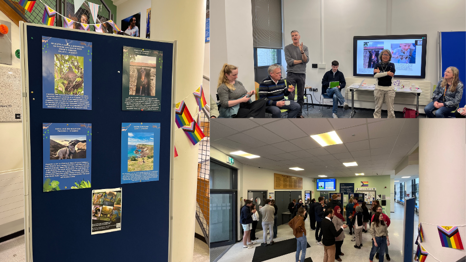 Collage of three scenes from a university event: Left shows a blue display board with biodiversity-themed posters; top right shows a group discussion or presentation with people seated and one speaker standing; bottom right shows students and staff mingling in a hallway decorated with rainbow pride bunting